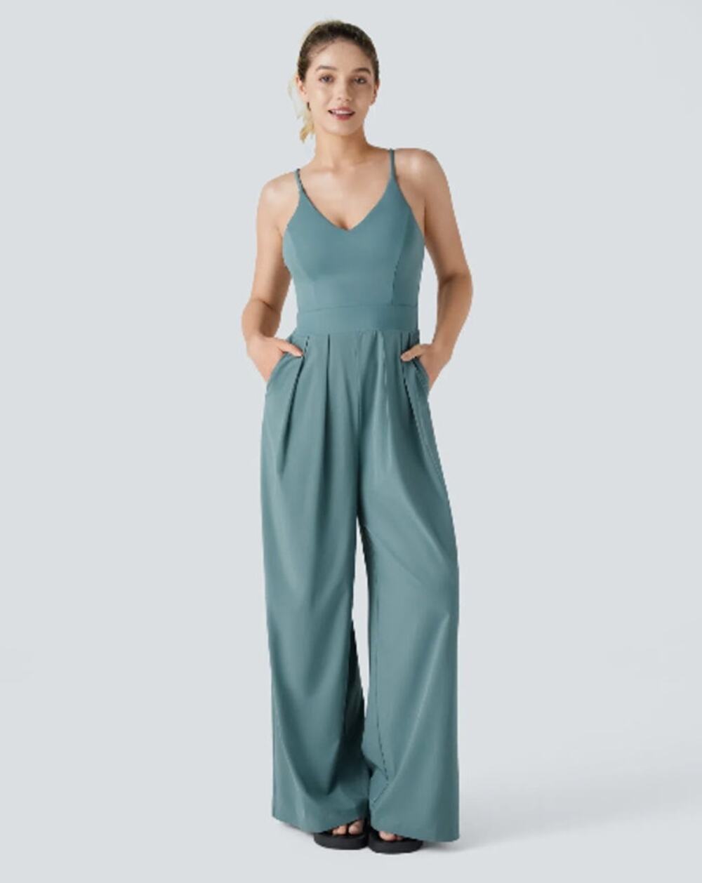 HALARA Breezeful Wide Leg Resort Slip Jumpsuit Stone Blue Sz XL Tall NWT {3A19}
